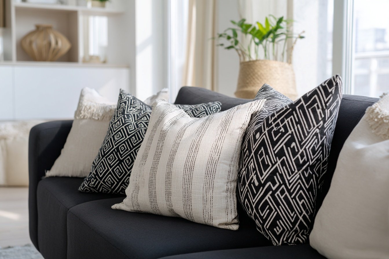 Schwarzes Sofa mit dekorativen Zierkissen in Schwarz und Weiß