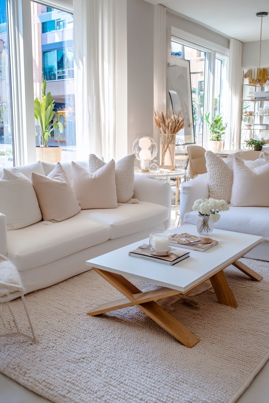 Helles Wohnzimmer in Weiß mit Sofas, Holztisch und Naturdeko