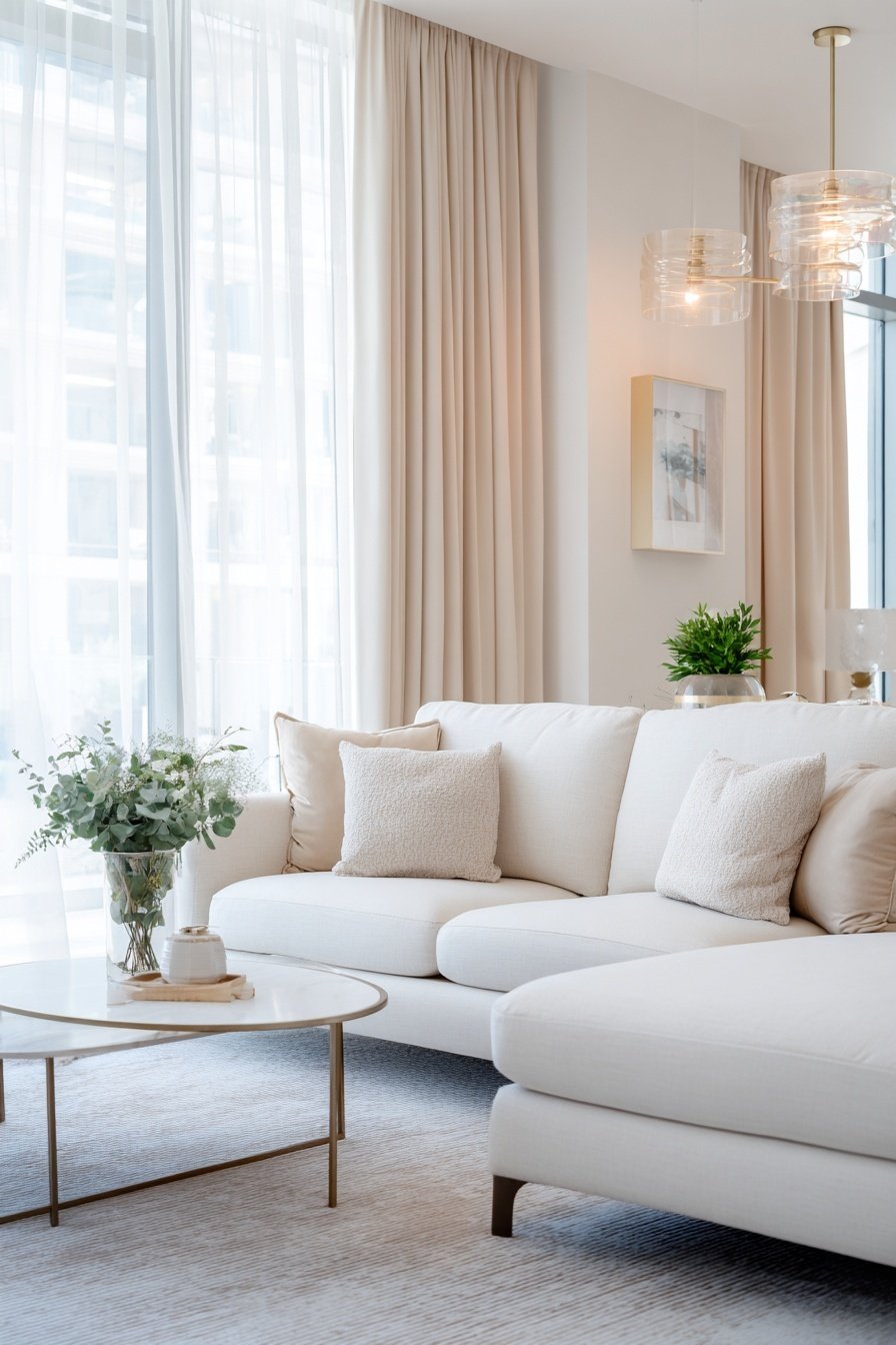 Modernes weißes Wohnzimmer mit Sofa, Vorhängen und Couchtisch