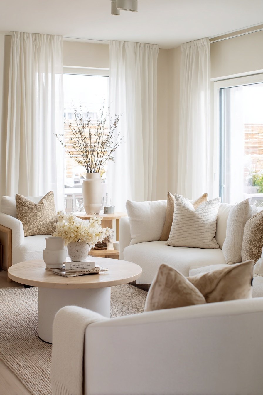 Helles Wohnzimmer mit weißen Sofas, Naturtönen und dezenten Dekoelementen