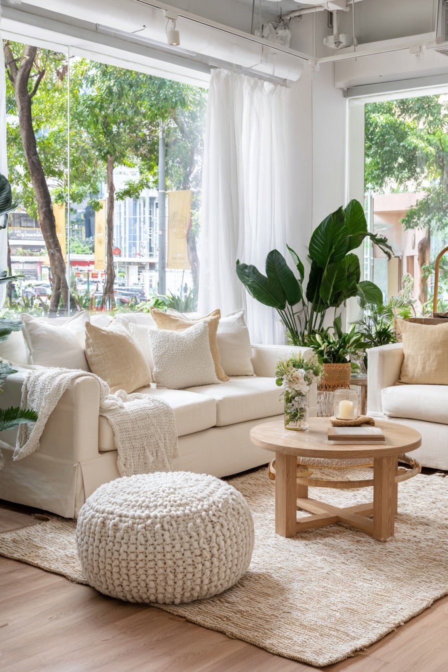 Modernes weißes Wohnzimmer mit Naturakzenten und großen Fenstern