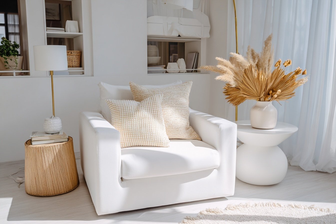 Weißer Sessel mit Kissen und Trockenblumen in modernem Wohnzimmer