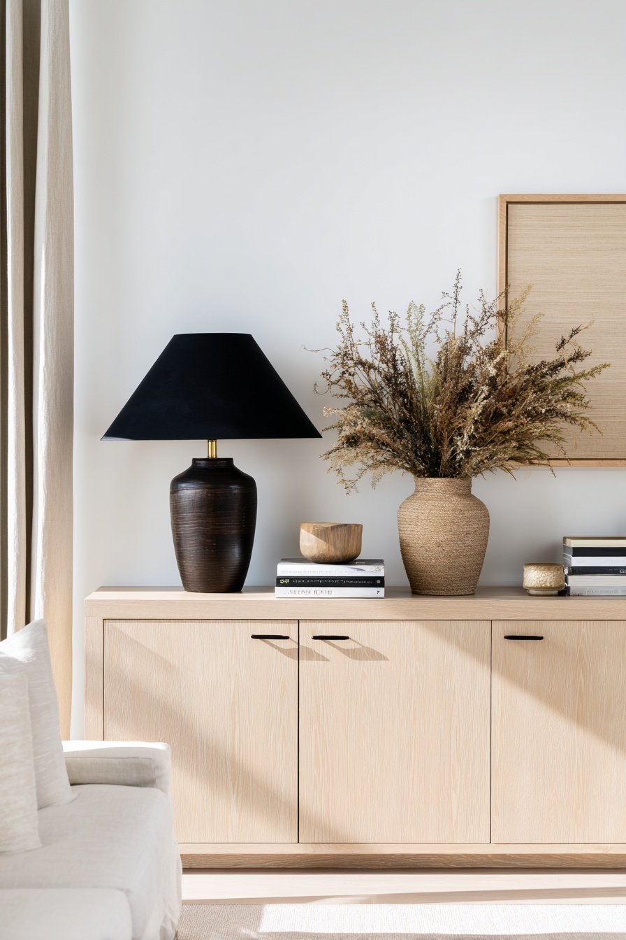 Dekorativer Holz-Sideboard mit schwarzer Lampe und Trockenblumen
