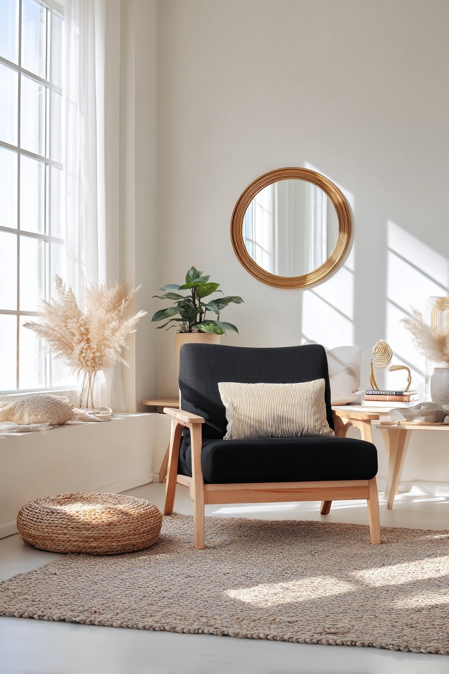 Schwarzer Sessel mit Holzrahmen in hellem Wohnzimmer mit runder Spiegelwand