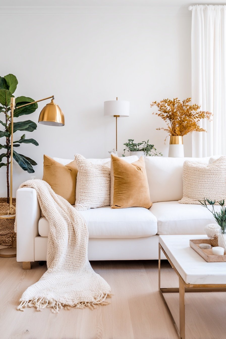 Modernes weißes Wohnzimmer mit goldenen Details und Deko-Kissen