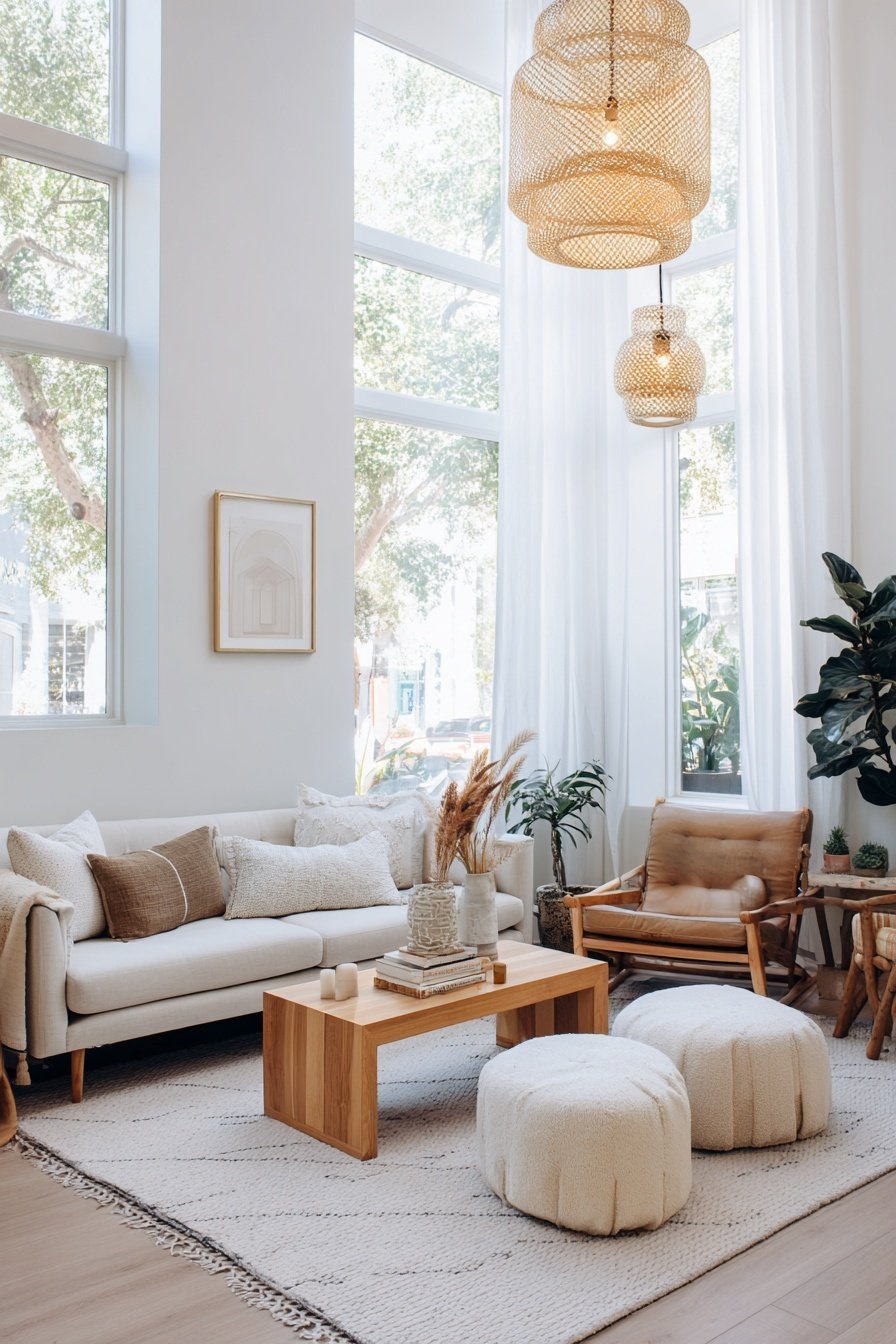 Helles Wohnzimmer mit Holzmöbeln, weißen Textilien und großen Fenstern