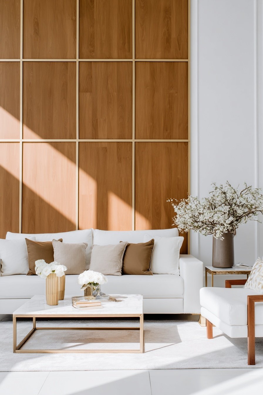 Modernes Wohnzimmer mit weißem Sofa, Holzwand und stilvollen Dekoelementen