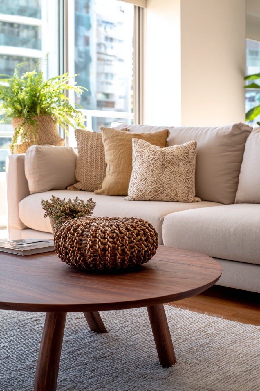 Holz-Couchtisch mit Deko vor beiger Couch mit Naturkissen