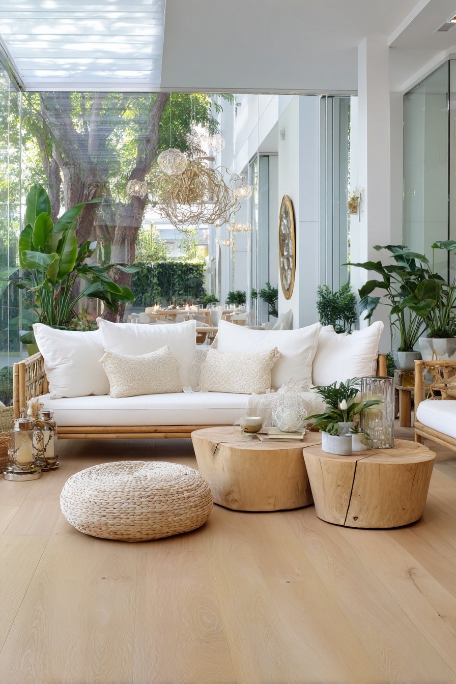 Helles Wohnzimmer mit Holzmöbeln, Glasfront und grünen Pflanzen