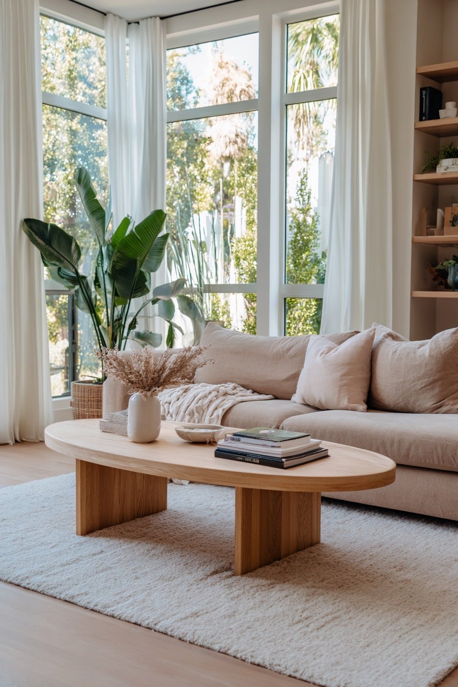 Modernes Wohnzimmer mit hellem Holz, beigem Sofa und großen Fensterfronten