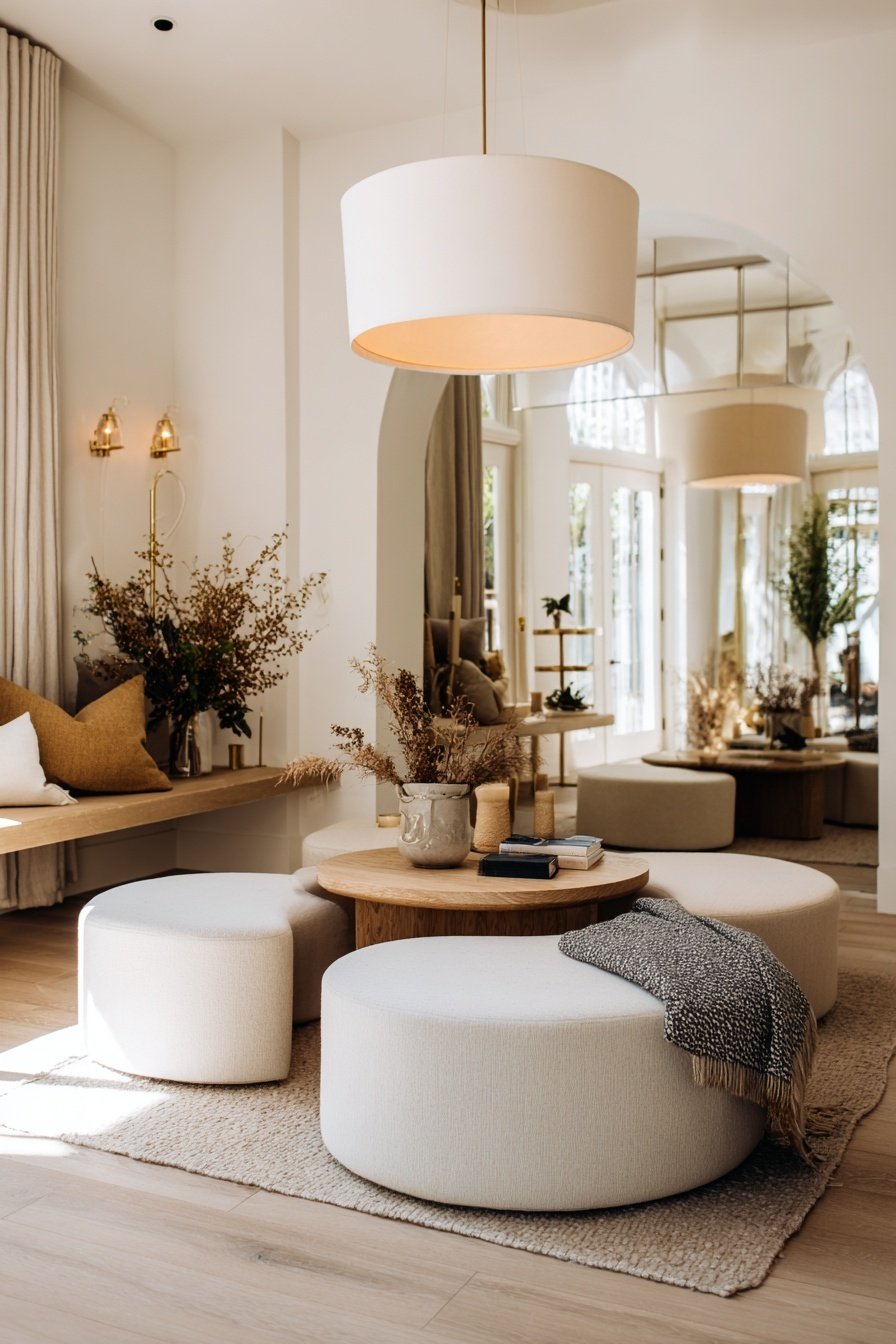 Modernes Wohnzimmer mit runden Polstermöbeln, Holztisch und Naturdeko