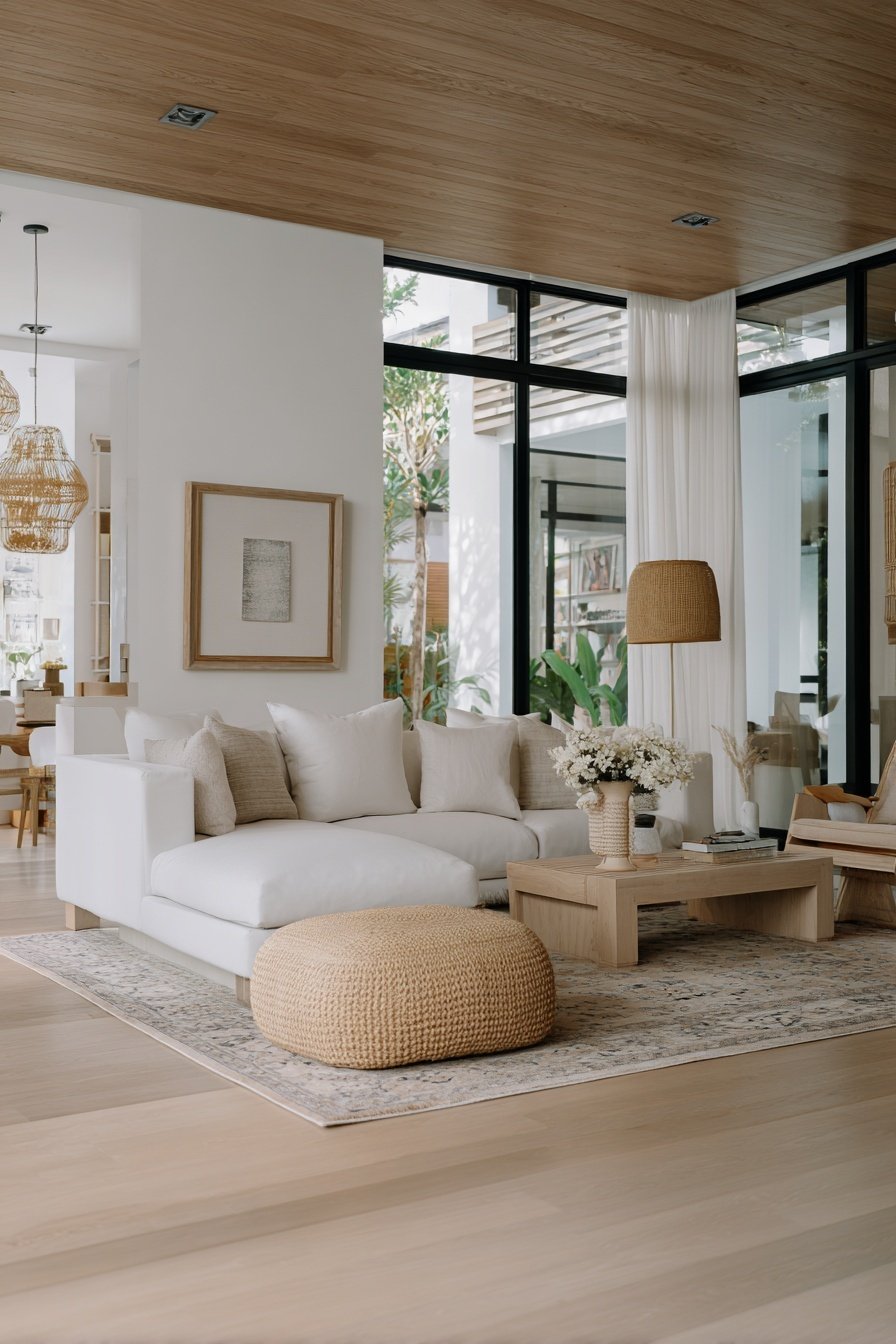 Modernes Wohnzimmer mit hellen Holzböden, weißem Sofa und natürlichen Dekoelementen
