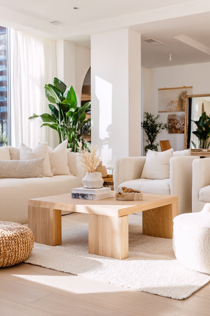 Modernes Wohnzimmer mit schlichtem Holztisch, hellen Möbeln und Zimmerpflanzen