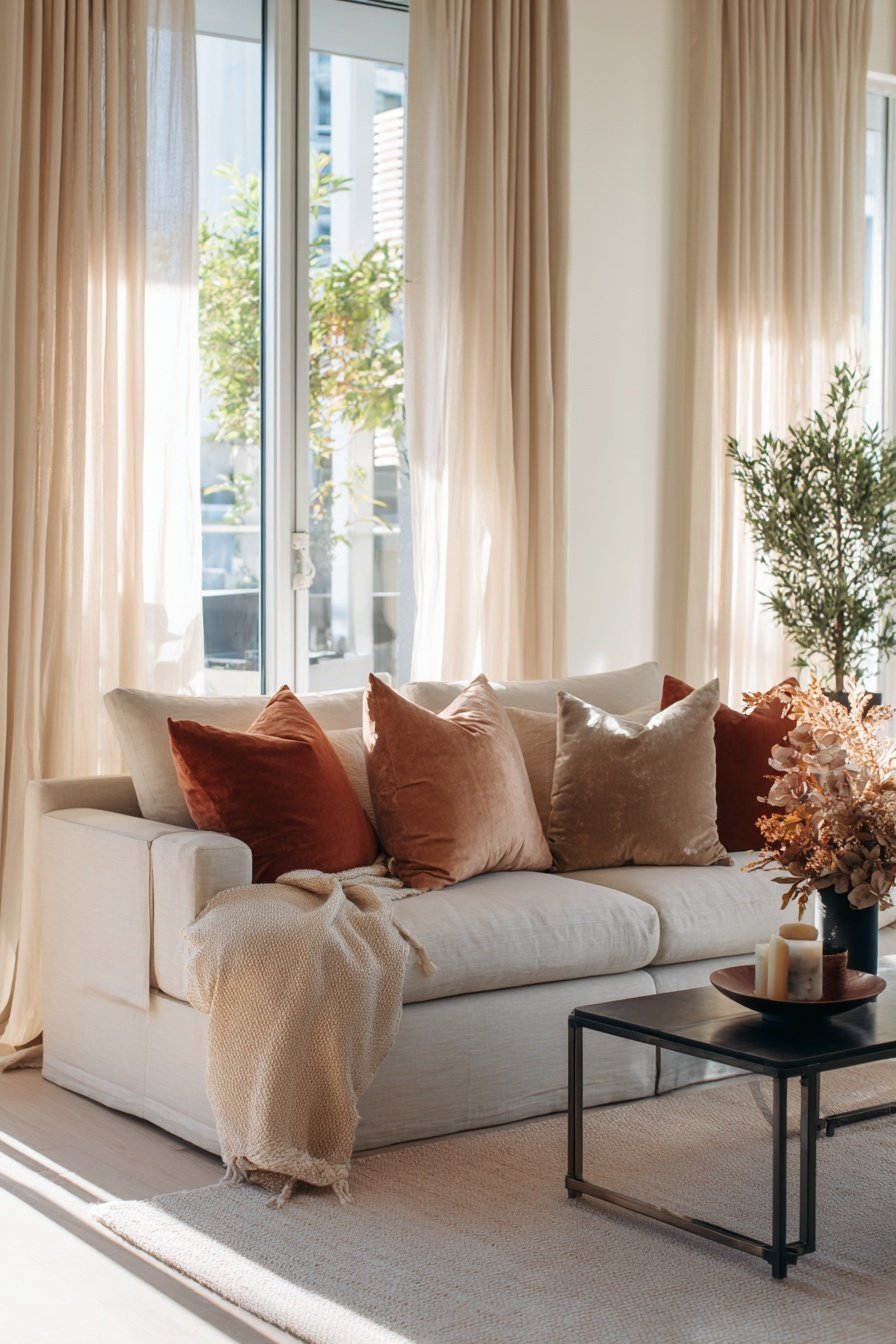 Modernes Wohnzimmer mit cremefarbenem Sofa, samtigen Zierkissen und eleganten Vorhängen