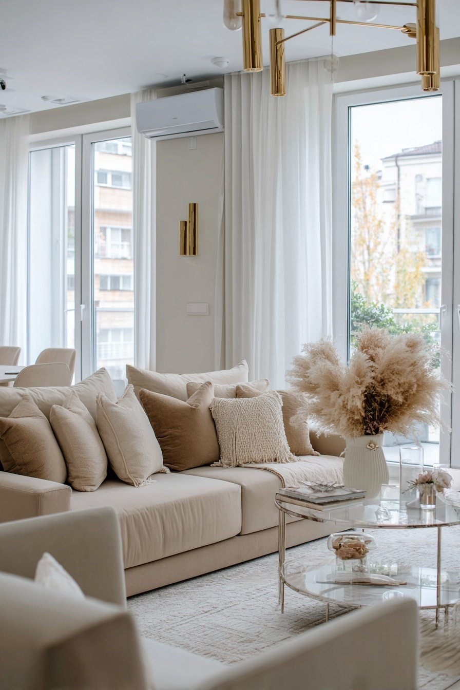Modernes Wohnzimmer mit beiger Couch, goldenen Akzenten und Pampasgras