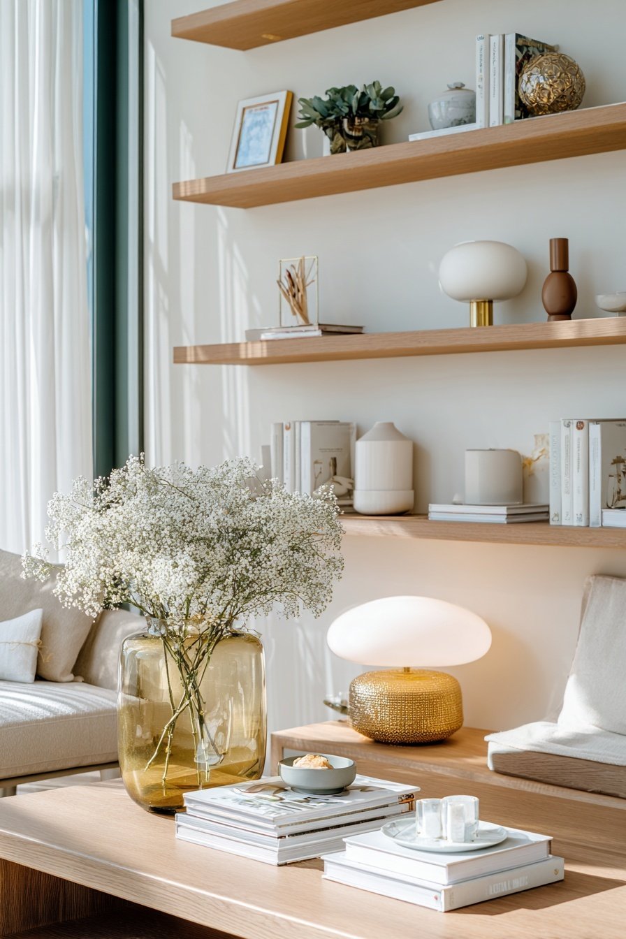 Elegantes Wohnzimmer mit Holzregalen, minimalistischer Deko und Goldakzenten