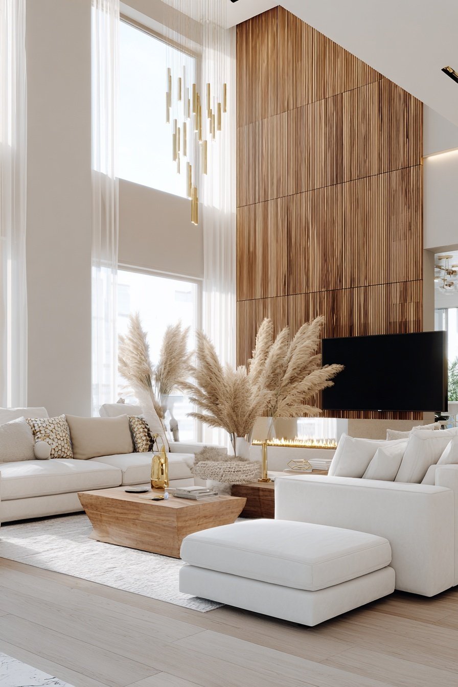 Elegantes Wohnzimmer mit hohen Fenstern, weißen Möbeln und Holzakzenten