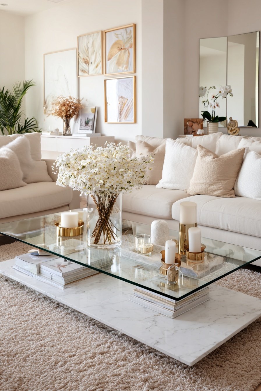 Modernes Wohnzimmer mit beiger Couch, Glas-Couchtisch, goldenen Kerzenhaltern und Blumen in heller Deko