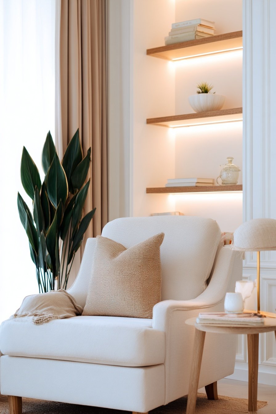 Helles Wohnzimmer mit cremefarbenem Sessel, Pflanzen, Designerregalen und warmem Licht