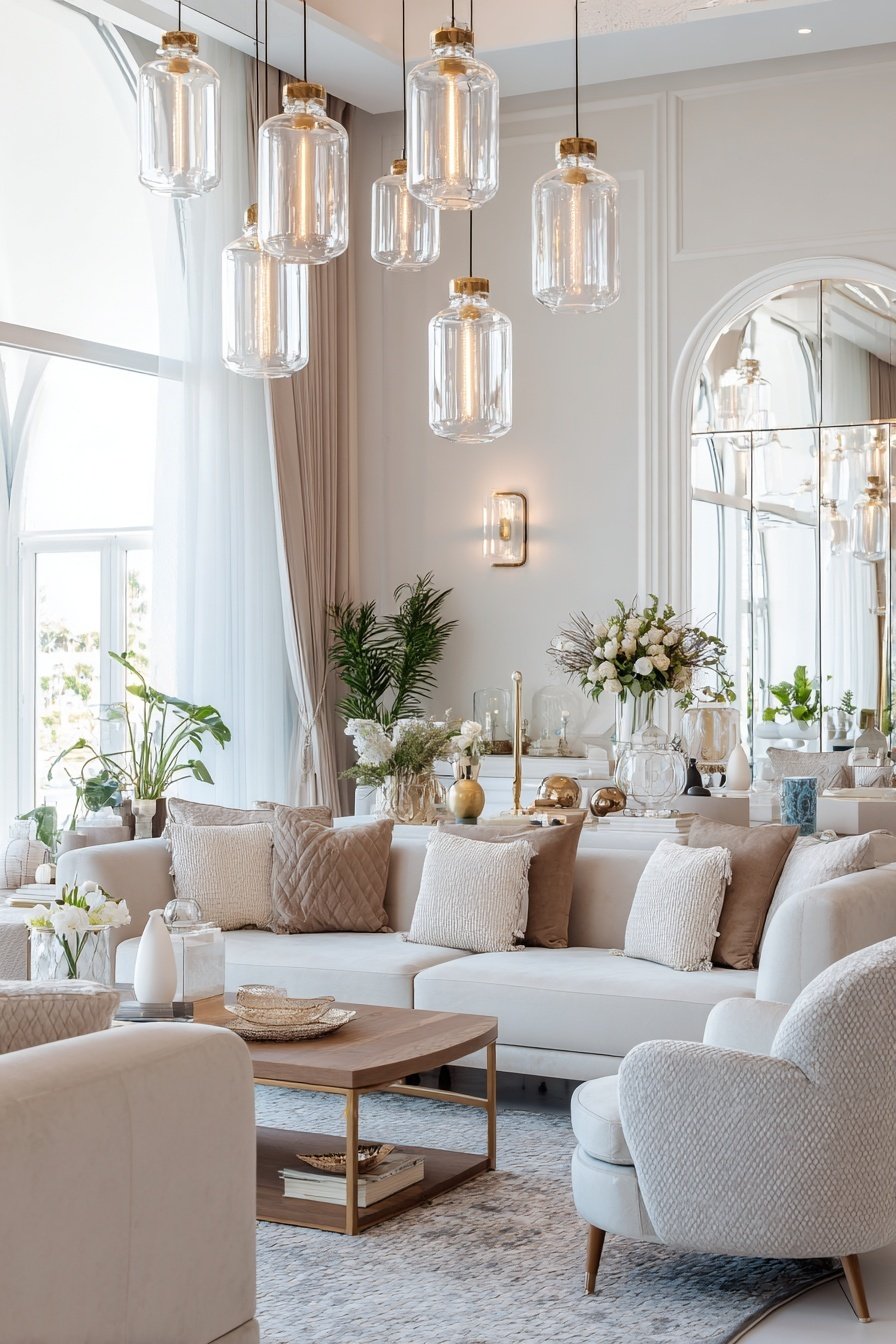 Helles, luxuriös eingerichtetes Wohnzimmer mit eleganten Glaslampen und edler Dekoration