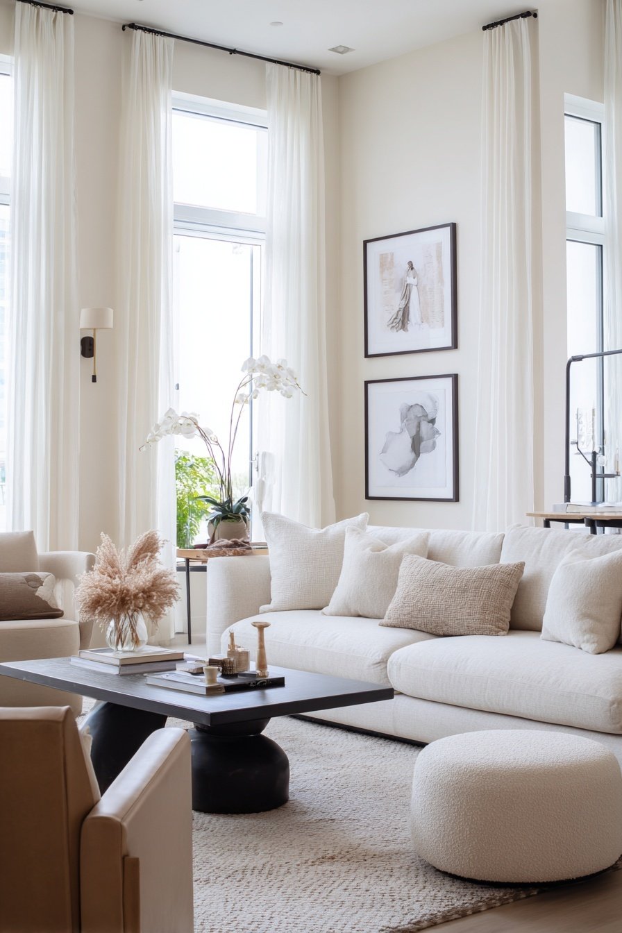 Helles, modernes Wohnzimmer mit cremefarbenem Sofa, Kunst an der Wand und stilvollen Dekoelementen