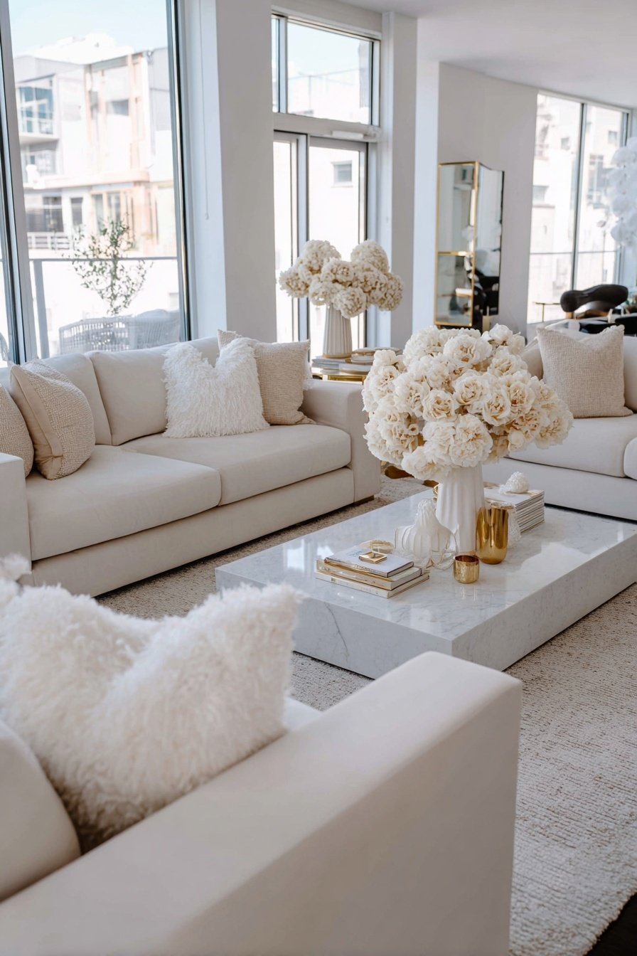 Helles Wohnzimmer mit beigen Sofas, Marmor-Couchtisch und eleganter Blumendeko