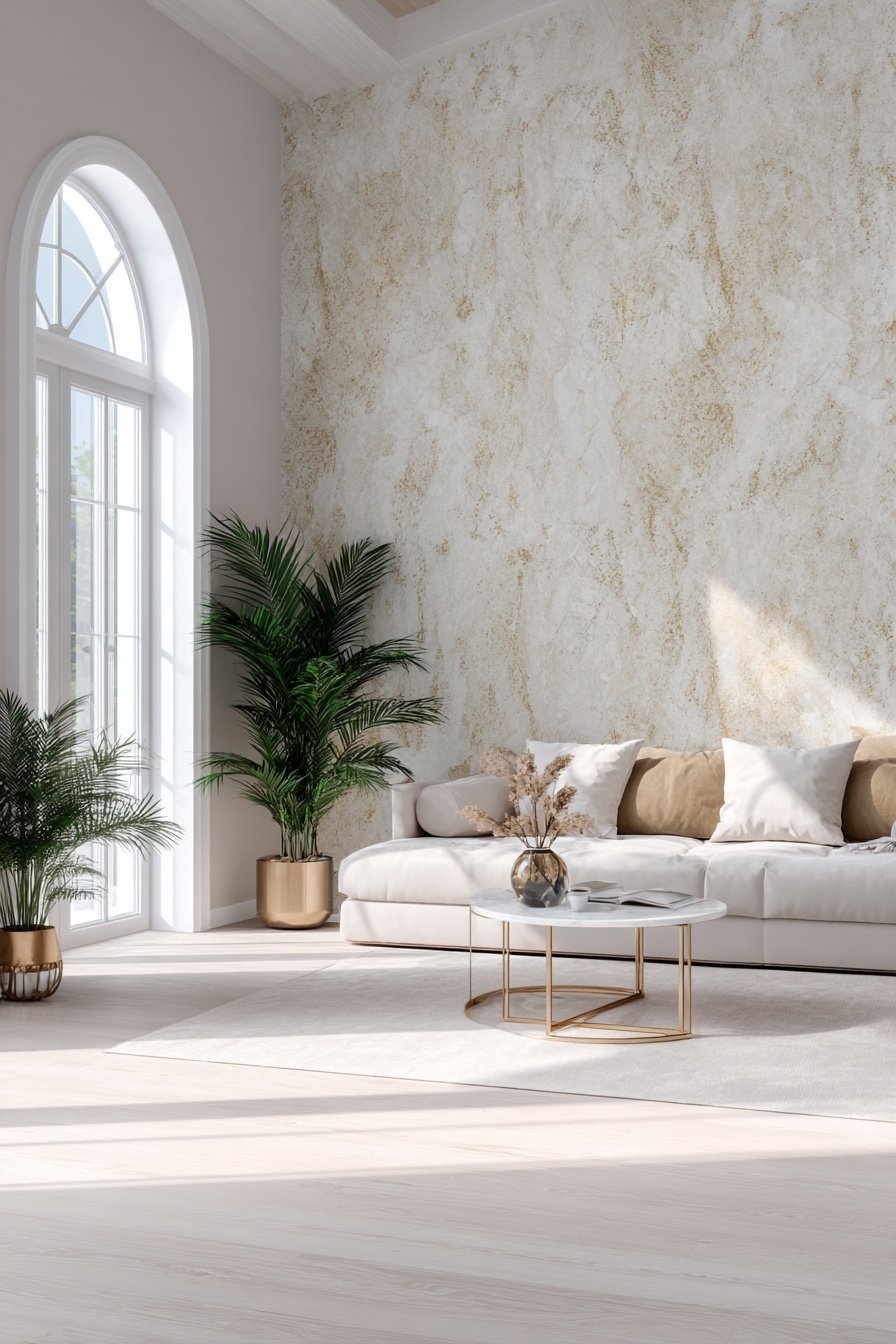 Modernes Wohnzimmer mit goldbeiger Wand, heller Couch, Marmor-Couchtisch und grünen Pflanzen