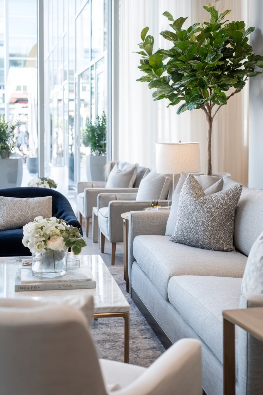 Helles Wohnzimmer mit eleganten Sofas, Zimmerpflanzen und Marmortisch