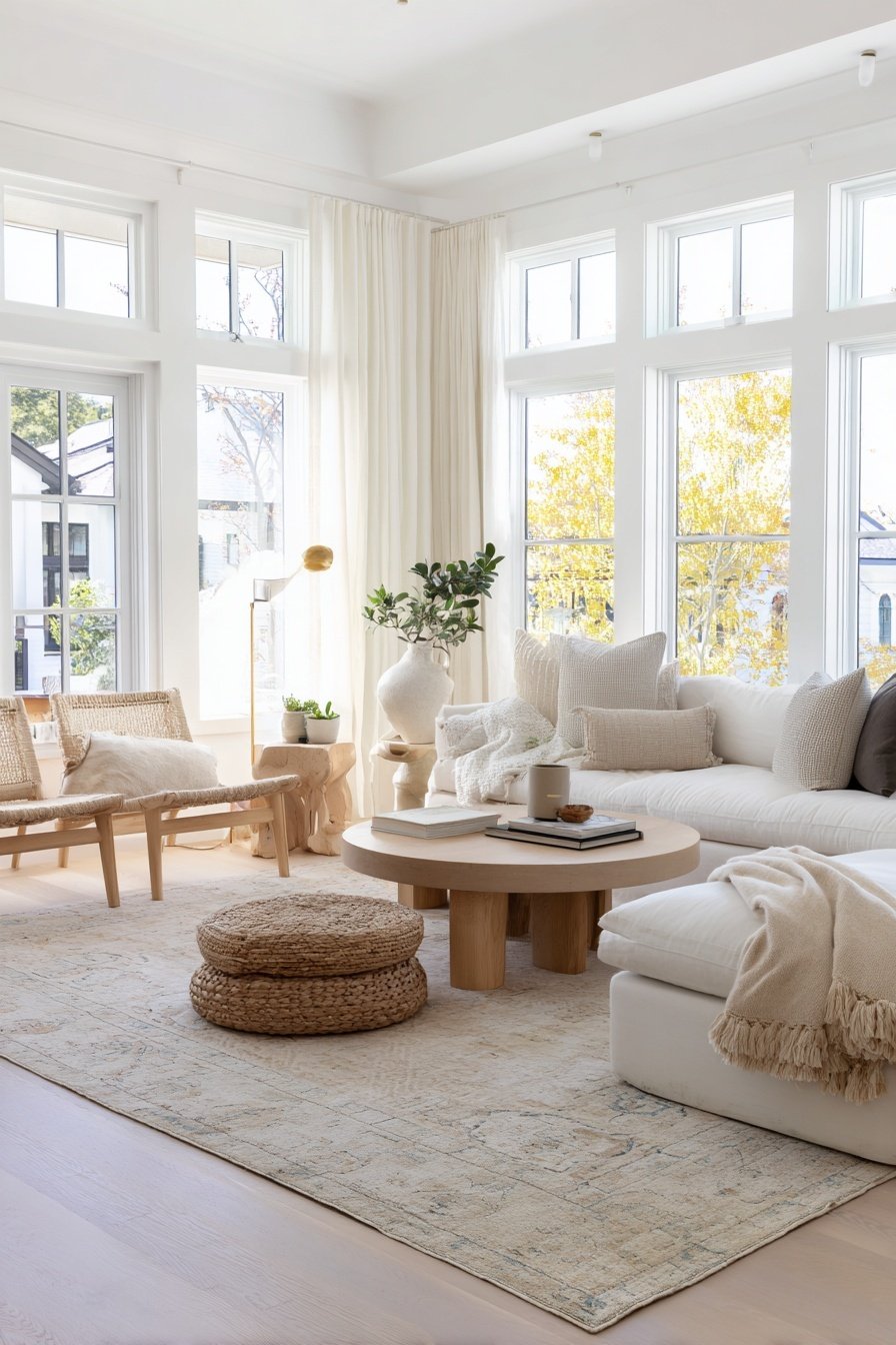 Helles, modernes Wohnzimmer mit beiger Einrichtung, Holz- und Naturakzenten