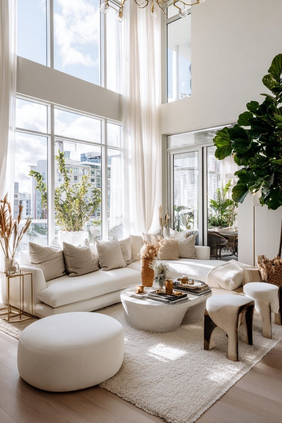 Modernes Wohnzimmer mit hoher Decke, großen Fenstern, weißem Interieur und luxuriösen Dekoelementen