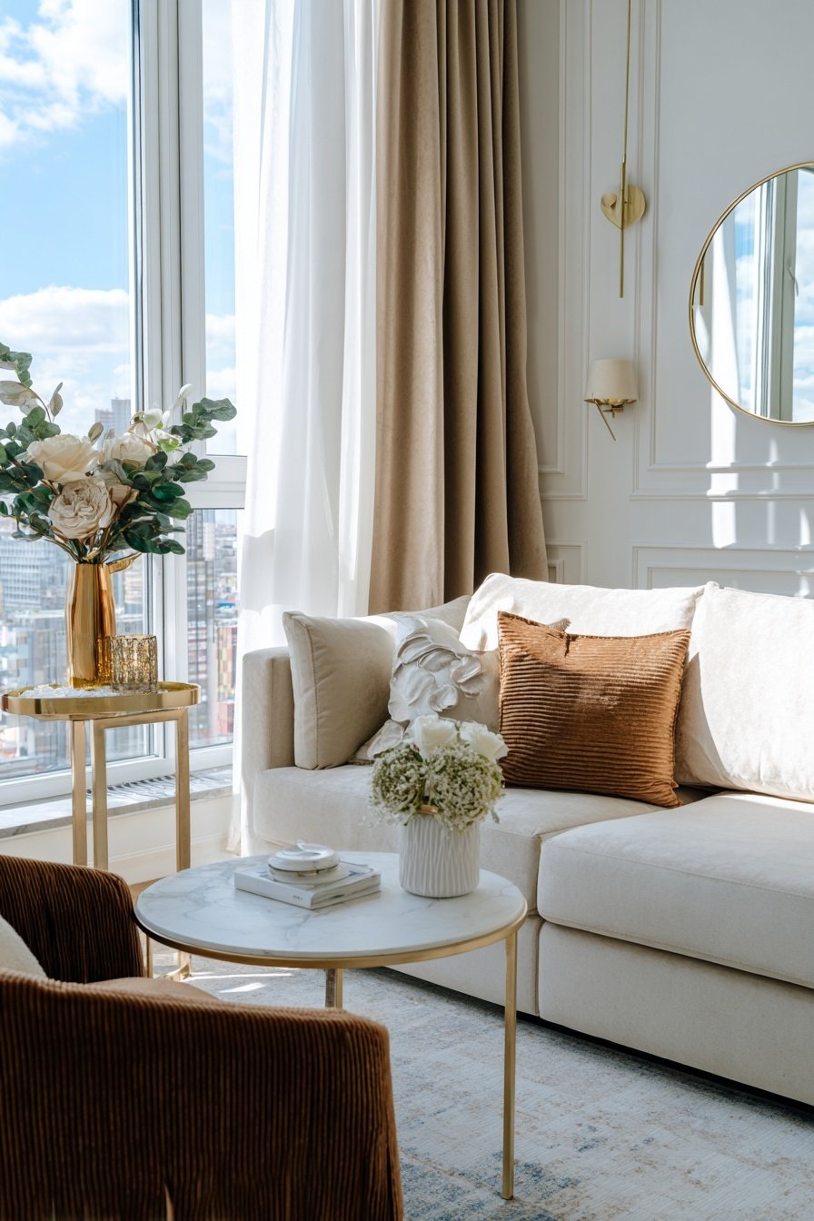 Helles Wohnzimmer mit cremefarbenem Sofa, goldenen Elementen und stilvoller Dekoration