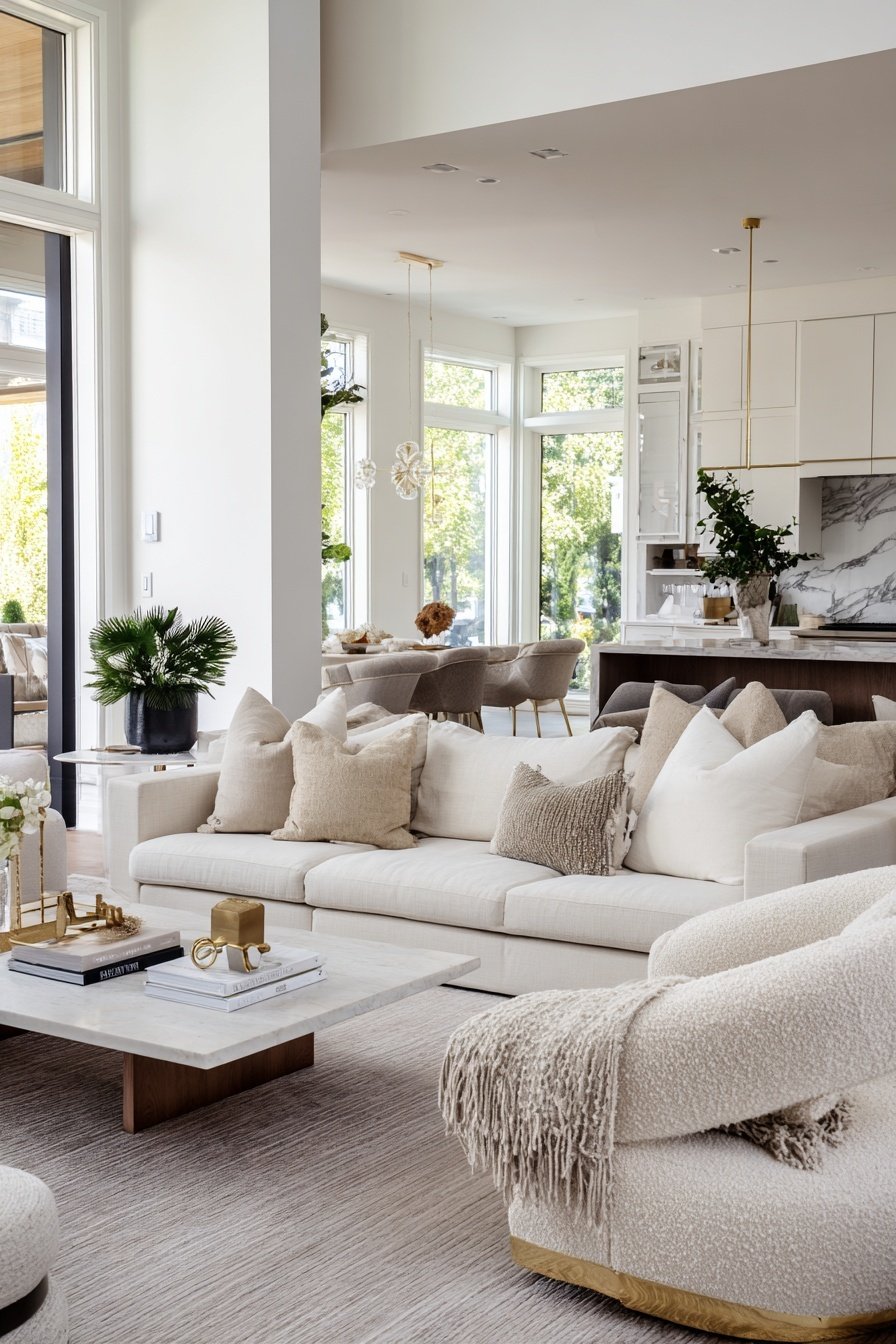 Modernes Wohnzimmer mit cremefarbenem Sofa, goldenen Akzenten und offener Küche