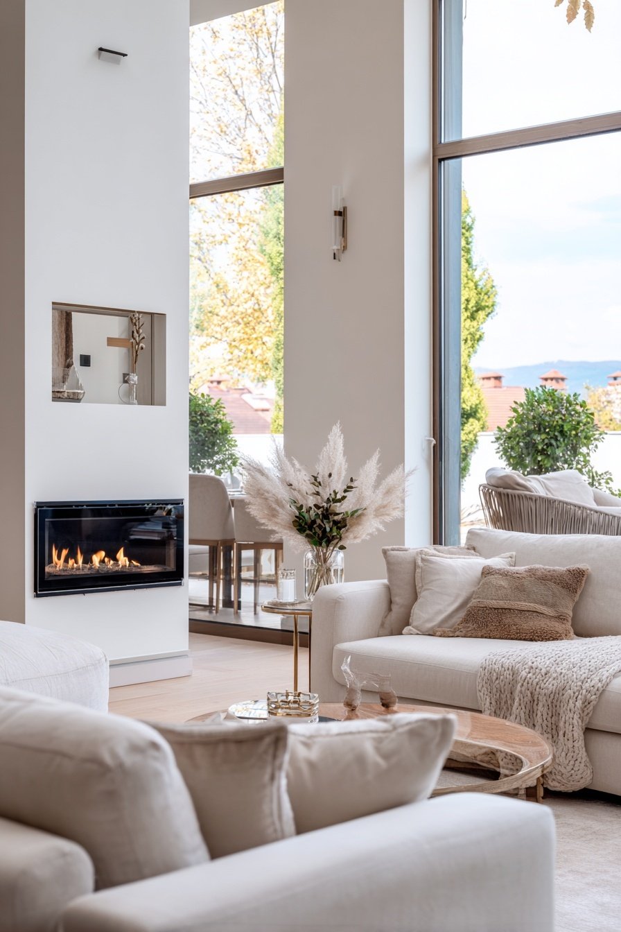 Helles, luxuriös eingerichtetes Wohnzimmer mit Kamin und großen Fenstern