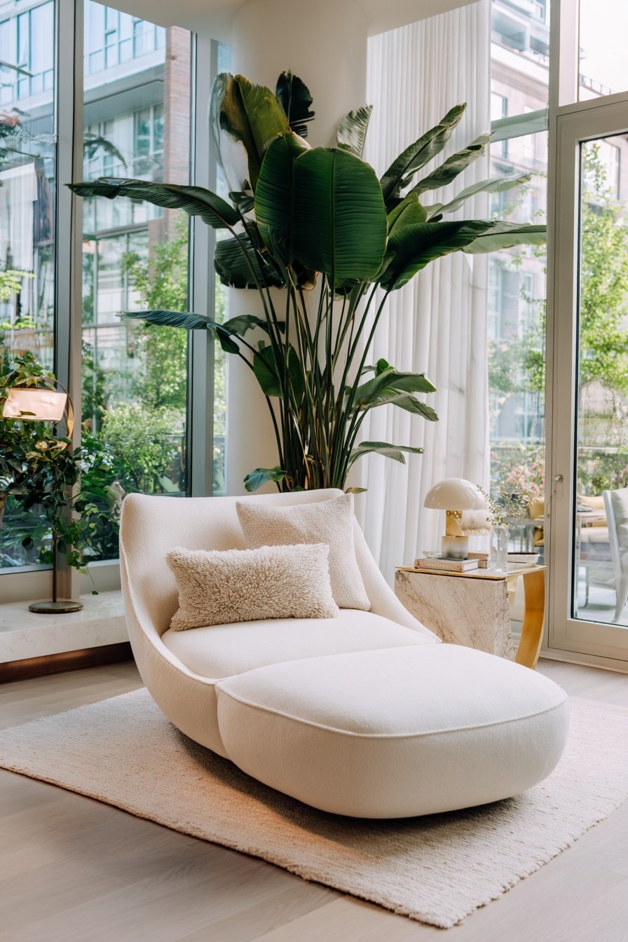Eleganter Lounge-Sessel vor großen Fenstern mit tropischer Pflanze