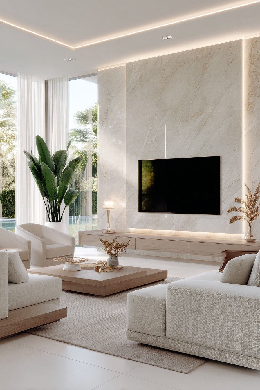 Helles, luxuriös eingerichtetes Wohnzimmer mit Natursteinwand, modernen Möbeln und großer Zimmerpflanze