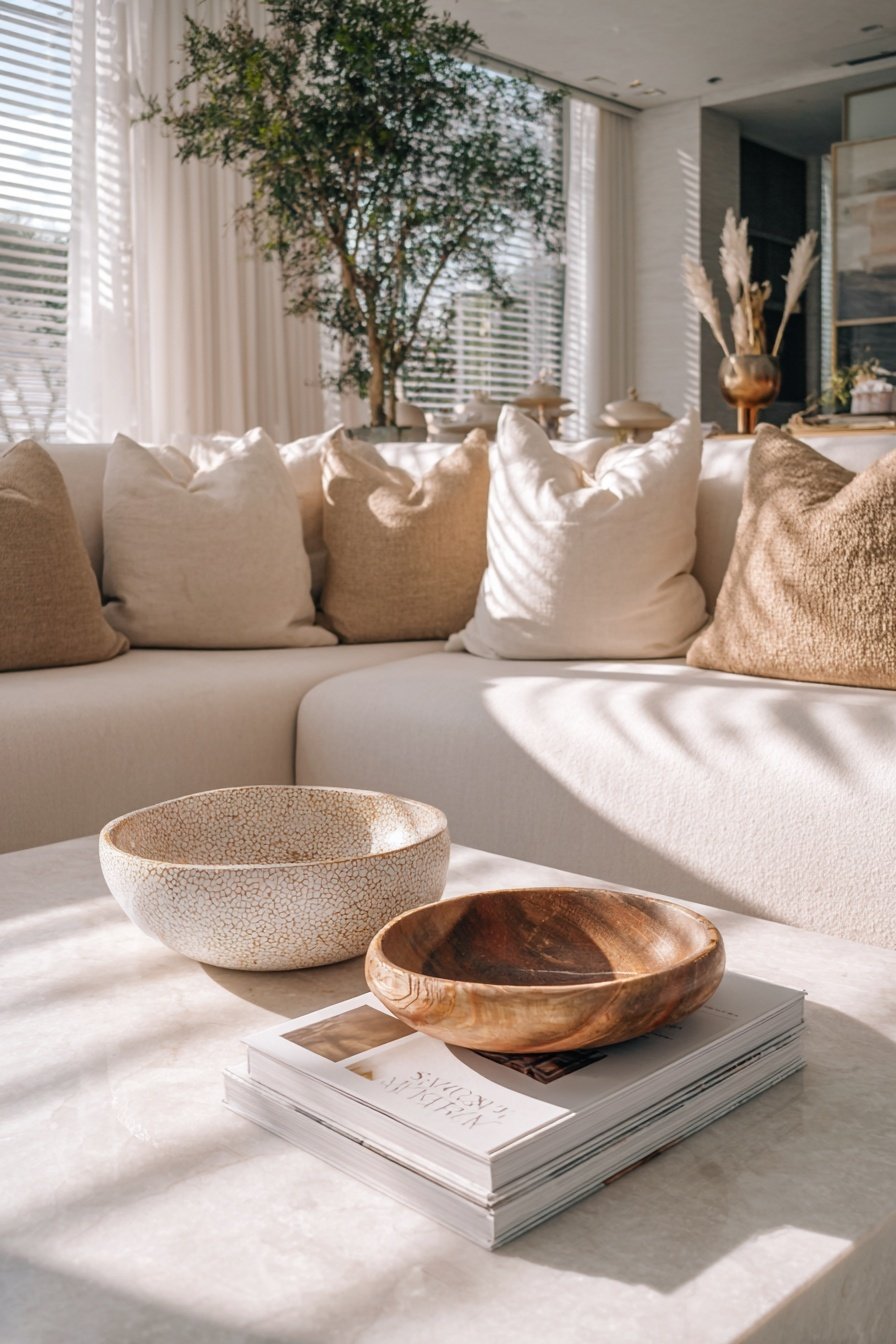 Helles, modernes Wohnzimmer mit beiger Couch, dekorativen Kissen, Natur-Accessoires und viel Tageslicht