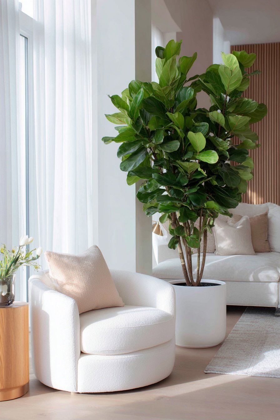 Helles Wohnzimmer mit weißem Designersessel, großer Grünpflanze und heller Inneneinrichtung