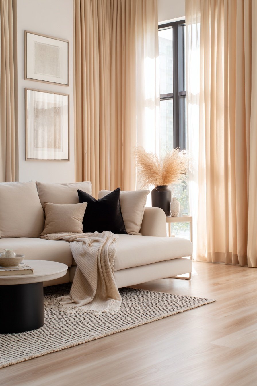 Helles Wohnzimmer mit beiger Couch, schwarzen Akzenten und natürlicher Deko