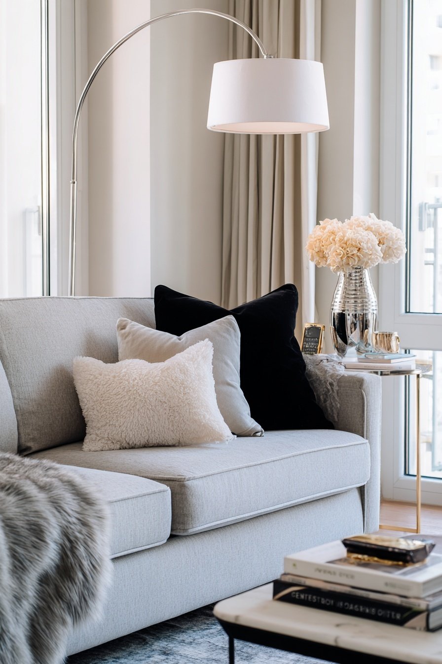 Helles Sofa mit schwarzen und weißen Kissen, moderne Stehlampe und silberner Vase mit Blumen