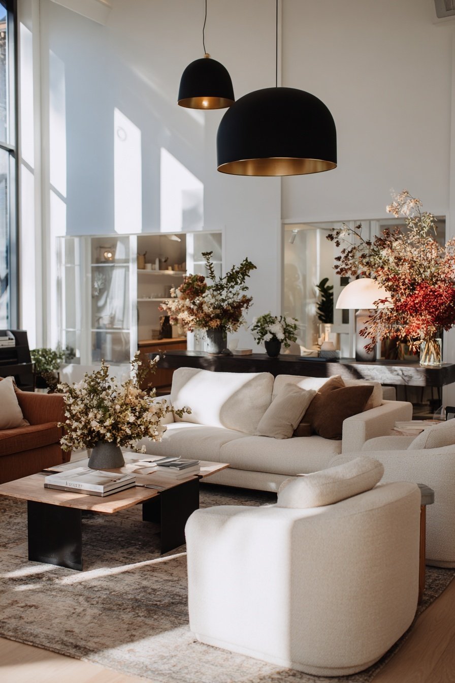 Modernes Wohnzimmer mit schwarzen Hängelampen, beigen Polstermöbeln und Trockenblumen