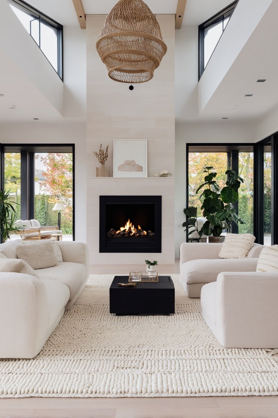 Modernes Wohnzimmer mit hellen Sofas, schwarzem Couchtisch und Kamin