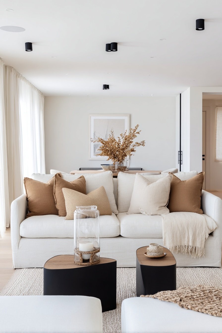 Helles Wohnzimmer mit beiger Couch, schwarzen Deckenstrahlern und schwarzen Couchtischen