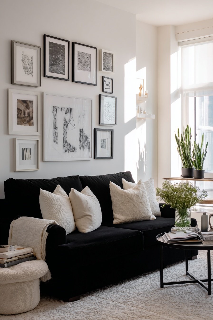 Schwarzes Sofa mit weißen Kissen, Bilderwand und Pflanzen in einem hellen Wohnzimmer