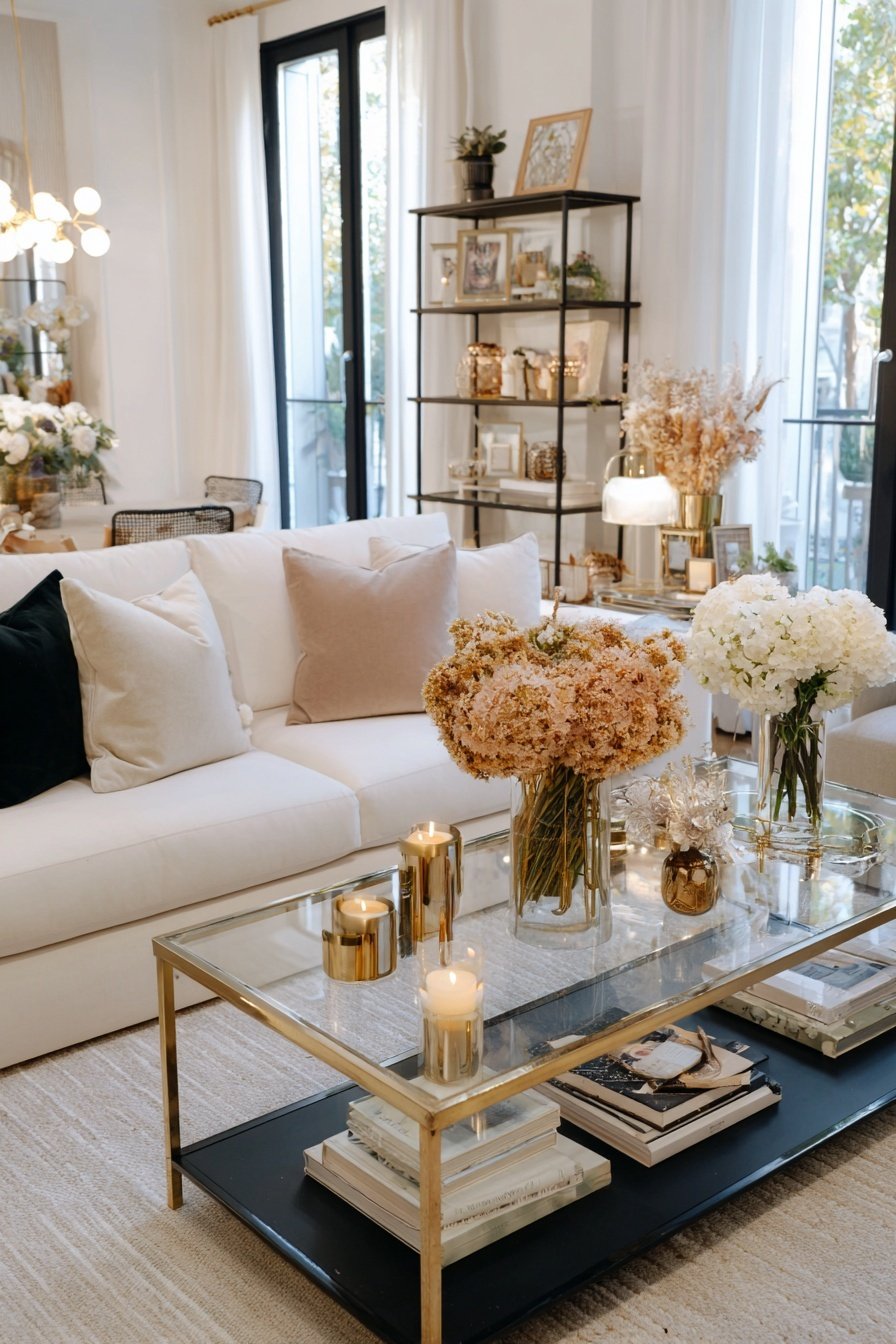 Elegantes Wohnzimmer mit schwarzem Regal, goldenen Deko-Details und weißen Möbeln