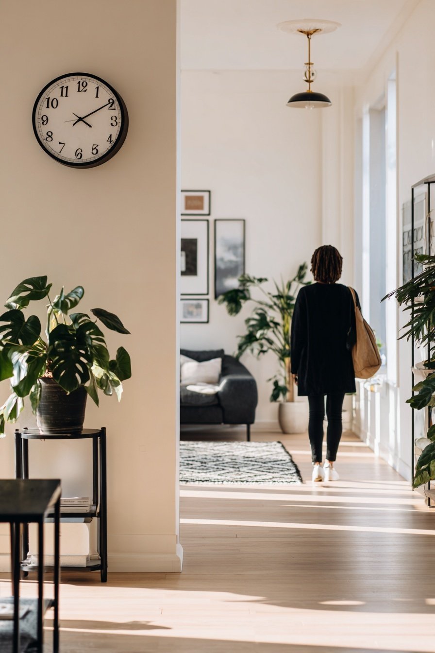 Person betritt ein modern eingerichtetes Wohnzimmer mit schwarzen Möbeln und grünen Pflanzen
