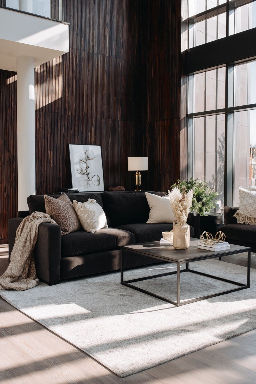 Schwarzes Sofa in modernem Wohnzimmer mit Holzverkleidung und großen Fenstern