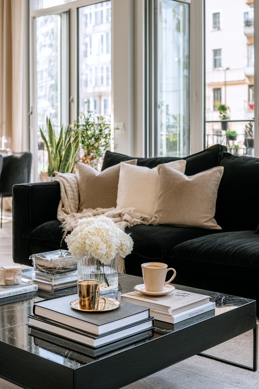 Modern eingerichtetes Wohnzimmer mit schwarzem Sofa, beiger Deko und Blumen auf Couchtisch