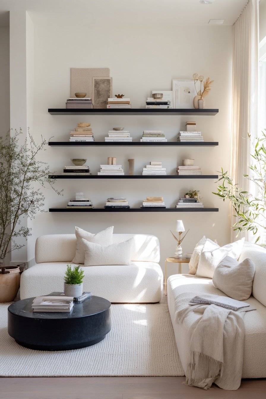 Helles Wohnzimmer mit schwarzen Wandregalen und rundem Couchtisch in Schwarz