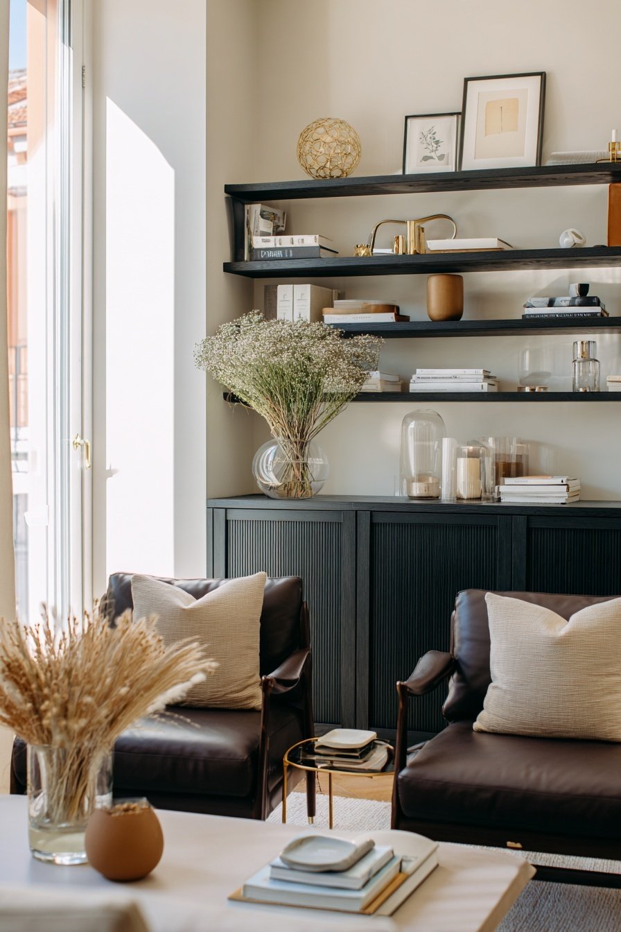 Modern eingerichtetes Wohnzimmer mit schwarzem Regal, dunklen Sesseln und Holzakzenten