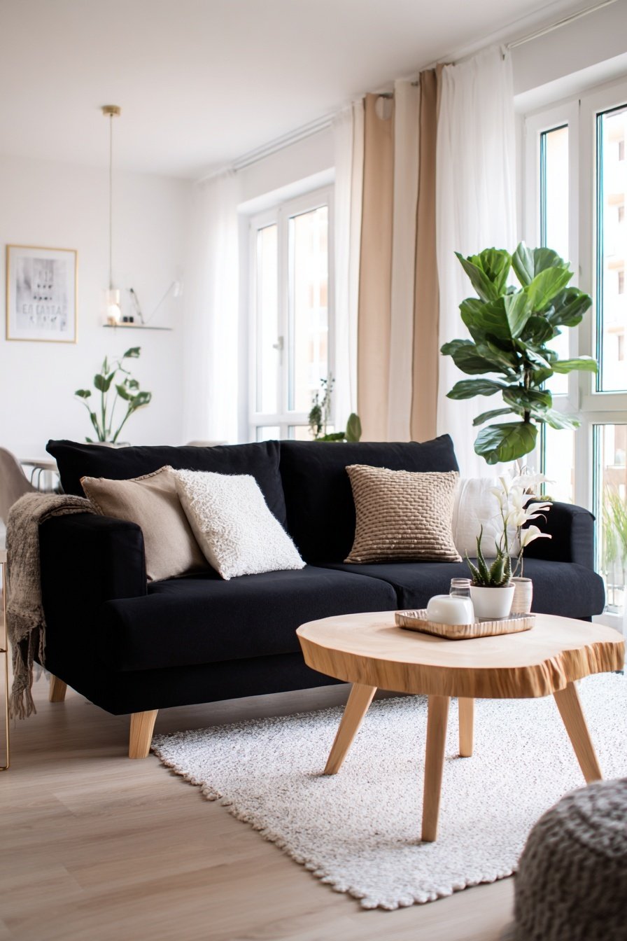 Schwarzes Sofa mit hellen Kissen, runder Holztisch und große Zimmerpflanze im modernen Wohnzimmer